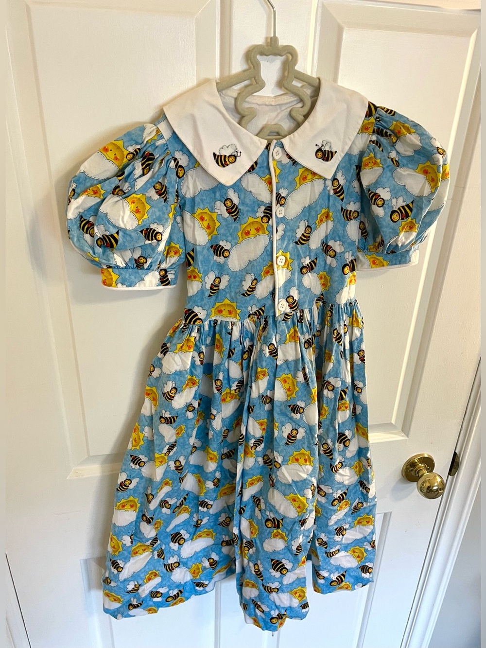 Vintage Blue Bee Puff Sleeve Dress